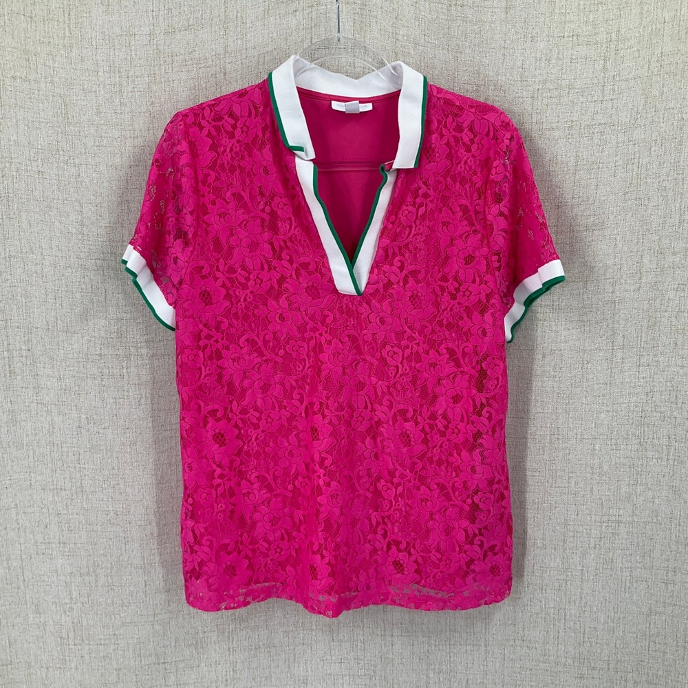 Charter Club Polo Top Womens XL Pink Floral Lace Preppy V-Neck Golf Tennis